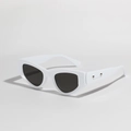 White vintage cat eye sunglasses with dark grey lenses and silver heart rivet accents - Porcelain White