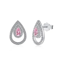 Pendientes de plata S925 con circón rosa en forma de gota y halo de brillantes - Pendientes de Gota de Agua / Estilo Rosa Platino (DY1D0277-S-W-BF)