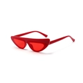 Red cat eye sunglasses with irregular narrow frame and wide temples on white background - Red
