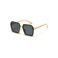 Oversized geometric black and gold sunglasses with tan arms and dark polarized lenses - Beige