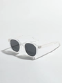 Square transparent frame sunglasses with dark lenses shown from a 45-degree angle - Transparent Frame Grey Lens