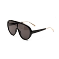 Shield style black frame sunglasses with golden metal temples and dark grey lenses - Bright Black / Gray