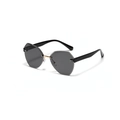 Randlose Polygon-Sonnenbrille mit dunkelgrauen Gläsern und schwarzen Bügeln mit Goldsteg - Ganz Grau