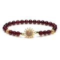 Damen Granat-Perlenarmband mit goldenem Sonnenblumen-Anhänger und bunten Zirkonia - Blumenanhänger Granat Perlenarmband (Y1118)