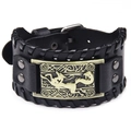 Retro wide black leather bracelet with bronze wolf totem and woven edges for punk style - Genuine Leather Antique Bronze