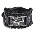 Wide black leather bracelet featuring a vintage silver fox relief and metal buckle - PU Antique Silver