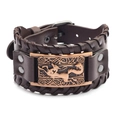 Wide vintage brown leather cuff bracelet with wolf relief and bronze metal plate - PU Antique Red Copper