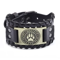 Wikinger Armband aus schwarzem Leder mit bronzener Bärentatze und nordischen Runen - PU Antik Bronze