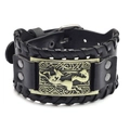 Black leather punk bracelet with bronze wolf totem and buckle closure for men - PU Antique Bronze