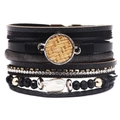Pulsera bohemia multicapa negra con diamantes de imitación, cuero y perla barroca - Negro