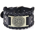 Nordic Viking compass black leather wide bracelet with bronze Vegvisir rune engraving - Genuine Leather Antique Bronze