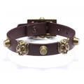 Bracciale vintage in pelle testa di moro con teste di tigre in bronzo e fibbia regolabile - caffè