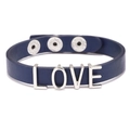 Dark blue PU leather bracelet with silver LOVE letters and three snap buttons - Blue