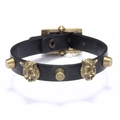Bracciale vintage in pelle nera da uomo con teste di tigre in bronzo e borchie punk - Nero