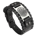 Men's retro pirate black leather wide bracelet with embossed pentagram compass charm - Genuine Leather Pentagram Antique Silver