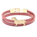 Minimalist double-layer leather bracelet with gold dachshund charm on white background - Pink