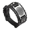 Black leather punk wristband with a silver pentagram metal plate and buckle closure - PU Leather Pentagram Antique Silver