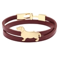 Double-wrap burgundy leather bracelet featuring a golden dachshund animal charm - Red
