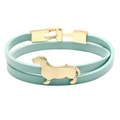 Mint green double-wrap leather bracelet with golden dachshund puppy charm and metal clasp - Green