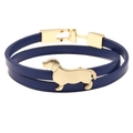Dark blue double-wrap leather bracelet with a golden dachshund metal charm for women - Blue