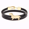 Double-layer black leather bracelet featuring a golden dachshund metal charm and buckle - Black
