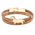 Double-wrap brown cork bracelet with a golden dachshund dog charm and secure metal clasp - Grain Brown