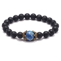 Bracelet punk pour hommes en pierre de lave noire avec pierre impériale bleue et couronne - Pierre de lave