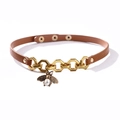Vintage brown leather choker necklace with golden bee pendant and pearl detail - Brown