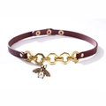 Vintage burgundy PU leather choker with golden bee pendant and pearl accent charm - Red