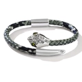 Luxury snake-patterned leather bracelet featuring a crystal-set silver snake head and green eyes - Silver