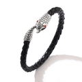 Pulsera de cuero trenzado negro para hombre con cierre de cabeza de serpiente plata antigua - Plateado