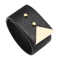 Wide black leather bracelet with lychee texture and golden metal geometric studs - Black