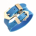 Double-wrap bright blue snakeskin texture PU leather bracelet with gold hexagonal buckles - Blue