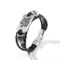 Multilayer braided black leather bracelet with silver tiger head metal charm and magnetic clasp - Black
