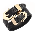 Double-wrap black PU leather bracelet with snake texture and gold-plated hex buckles - Black