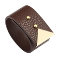 Minimalist dark brown wide leather bracelet with gold metal buckle and studs - Brown