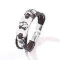 Bracelet tressé en cuir avec plaque métallique tête de léopard et perles argentées - Marron