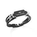 Black multilayer leather bracelet with cross and God Bless engraved metal plate - Black
