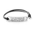 Adjustable black braided PU leather bracelet with silver inspirational metal plaque - Stay Strong (#2)