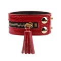 Wide red leather bracelet with gold zipper and fringe tassels for women - Red