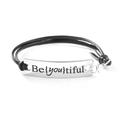 Black leather cord bracelet with silver metal plate featuring Be {you} tiful engraving - Be {you} tiful (#6)