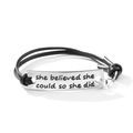 Black leather bracelet with silver plate engraved with She Believed She Could So She Did - She Believed She Could (#12)