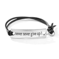 Black woven PU leather bracelet with silver 'never never give up' metal plaque - Never Give Up (#15)