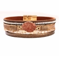 Bohemian multilayer leather wrap bracelet with pink crystals and golden magnetic clasp - Multi-layer Wrap Style / Brown