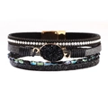 Bracciale bohémien multistrato in pelle con strass neri e chiusura magnetica dorata - Stile Avvolgente Multistrato / Nero