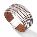 Meerlagige leren armband in bruin en zilver met magnetische metalen sluiting - Zilver