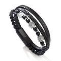 Bracelet multicouche pour homme en cuir avec perles œil de tigre, arbre de vie et fermoir aimanté - 19cm / Pierre noire mate