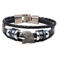 Bracciale multistrato da uomo in pelle nera con ciondolo aquila argento e fibbia vintage - Nero