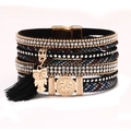 Bracciale multistrato bohémien in pelle nera con ciondolo a civetta e chiusura magnetica - Stile Civetta / Nero
