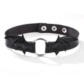 Gothic black leather choker featuring silver O-ring and glossy bat wings design - Black Necklace
